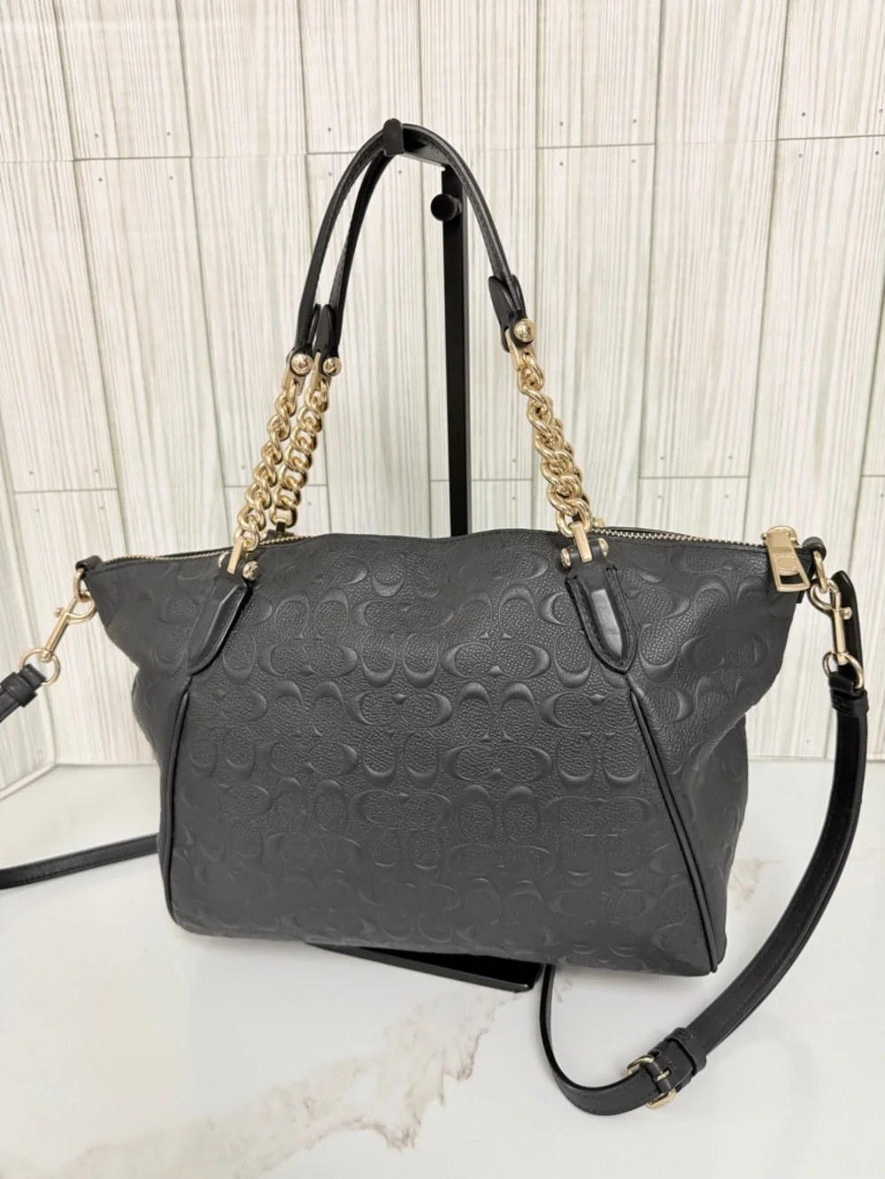 Coach Black Signature Debossed Leather Tote Chain Strap Crossbody Bag - Picture 4 of 16